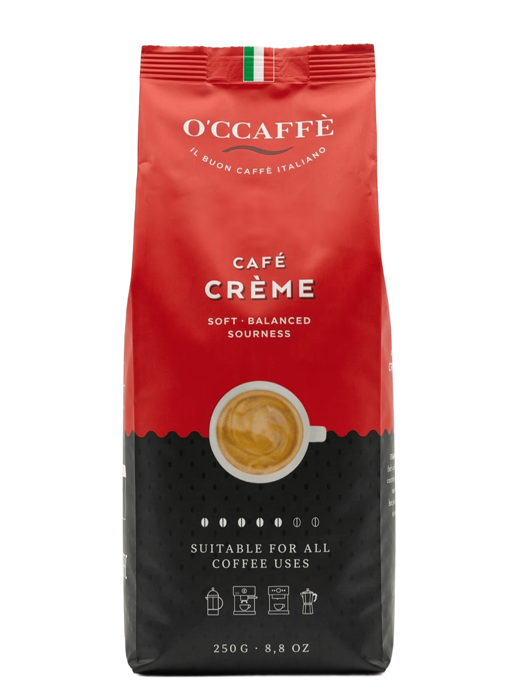 Café en grains O'Ccaffè Café Crème 250g — 50% Arabica 50% Robusta, crema dorée, torréfaction italienne