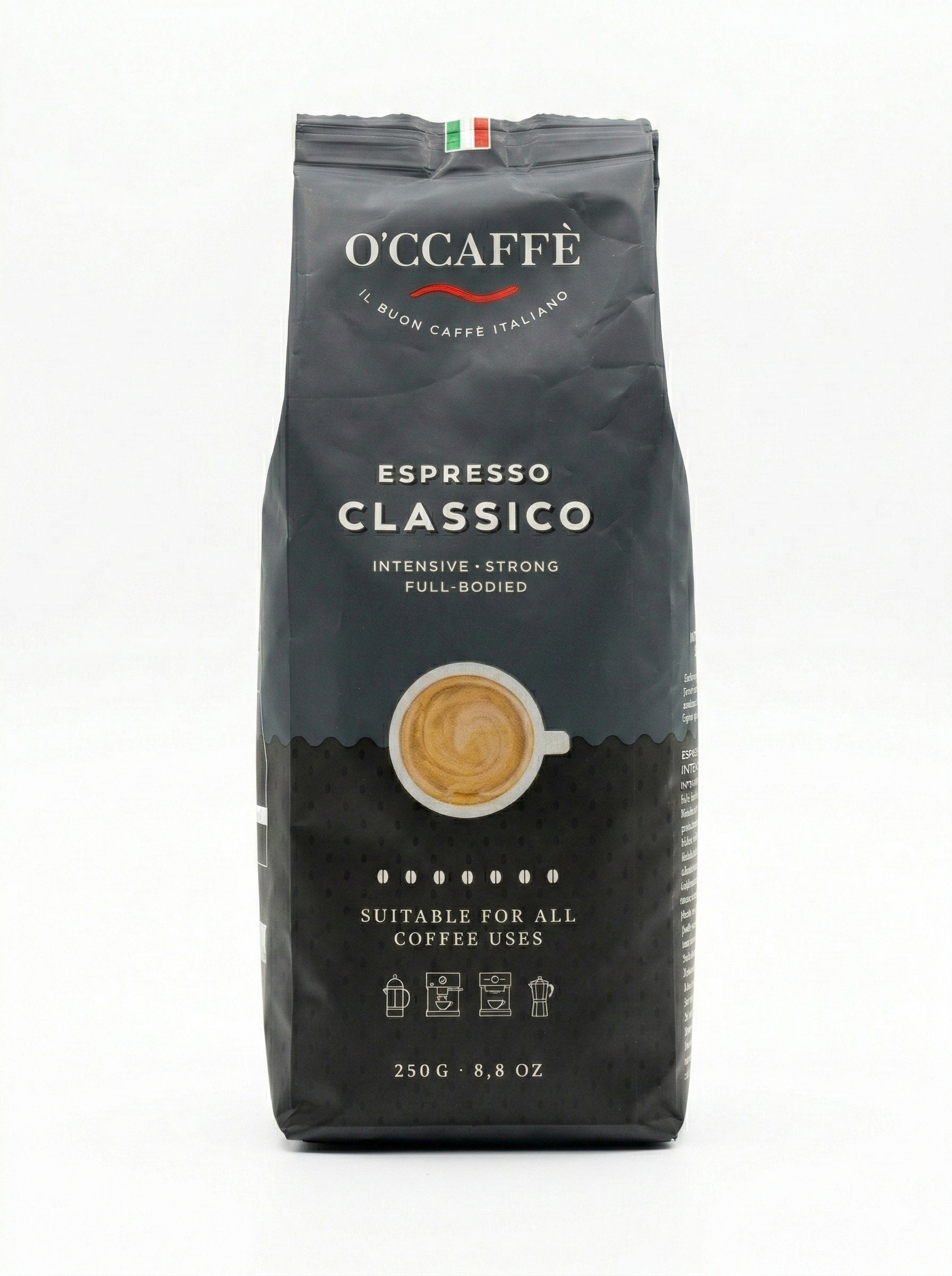 Sachet de café en grains O'CAFFÈ Espresso Classico 250g - Packshot face fond blanc