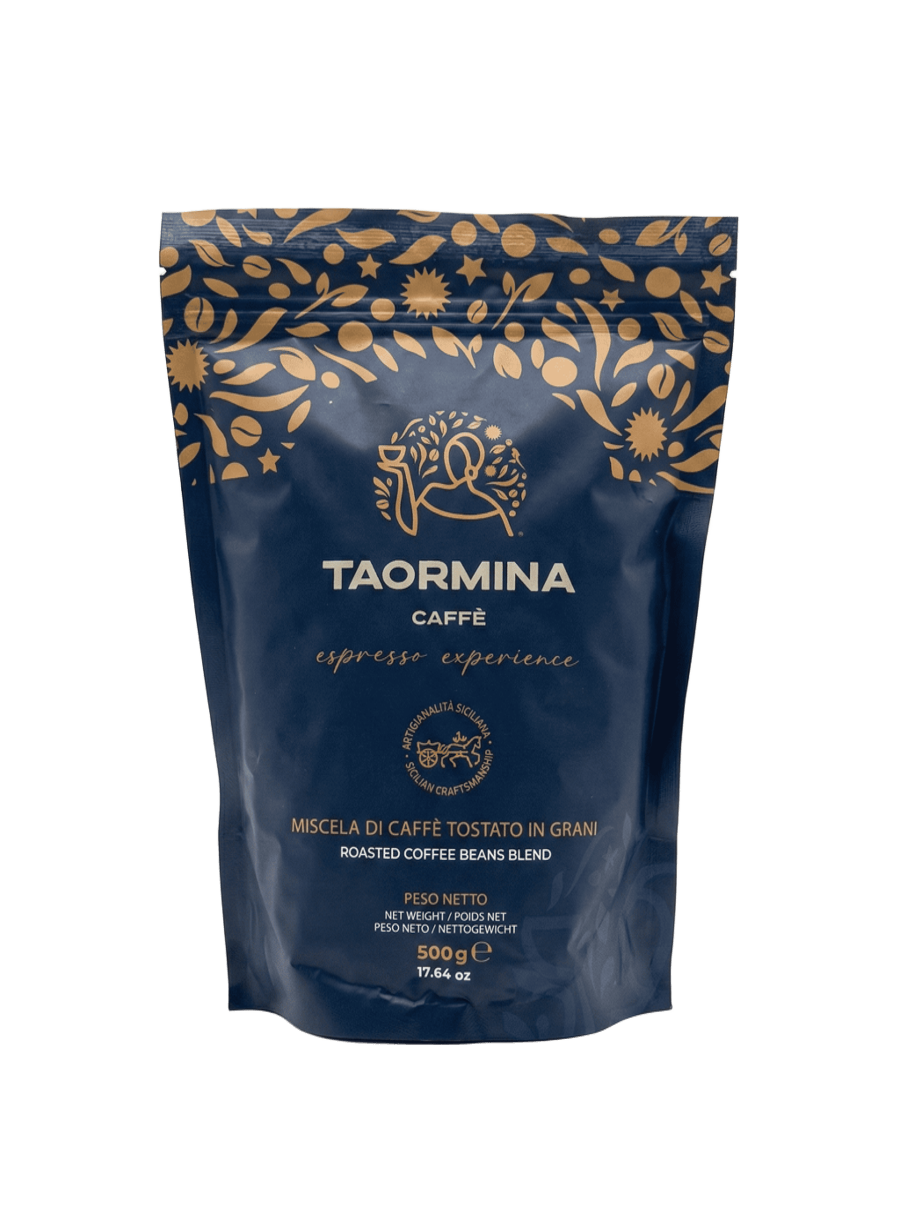 Café en grains Taormina Caffè Espresso Experience 500g — sachet bleu marine et or, blend sicilien artisanal
