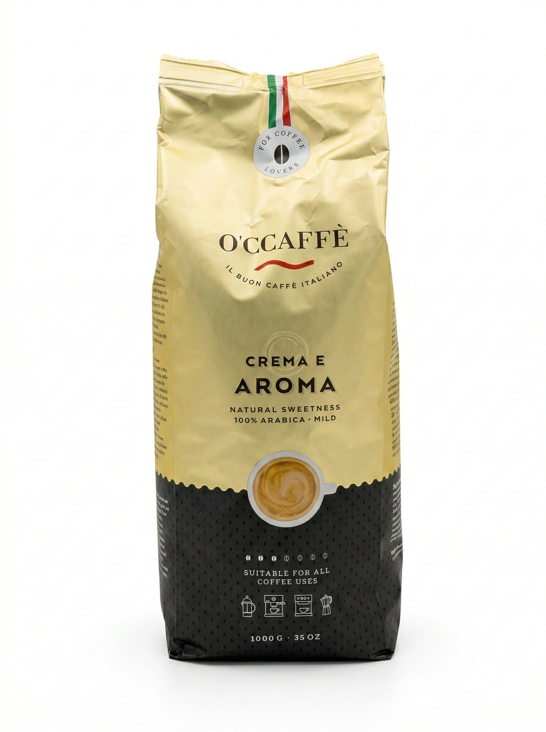 Café en grains O'Ccaffè Crema e Aroma 100% Arabica 1kg — torréfaction italienne, douceur naturelle