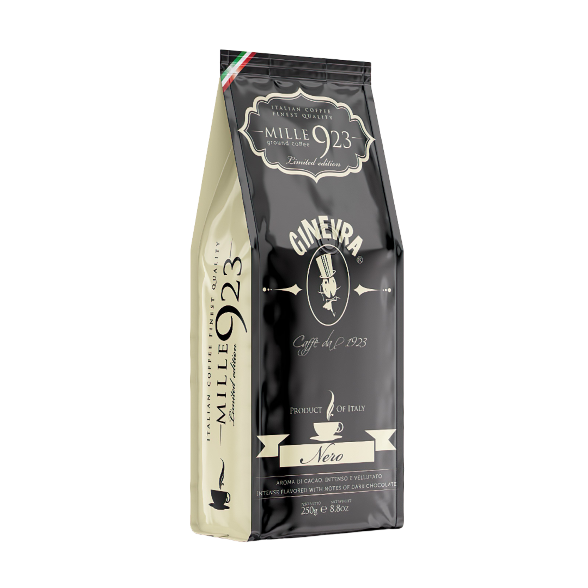 photo de 3/4 face avant du paquet de café en grains 1kg de ginerva mille923 Nero