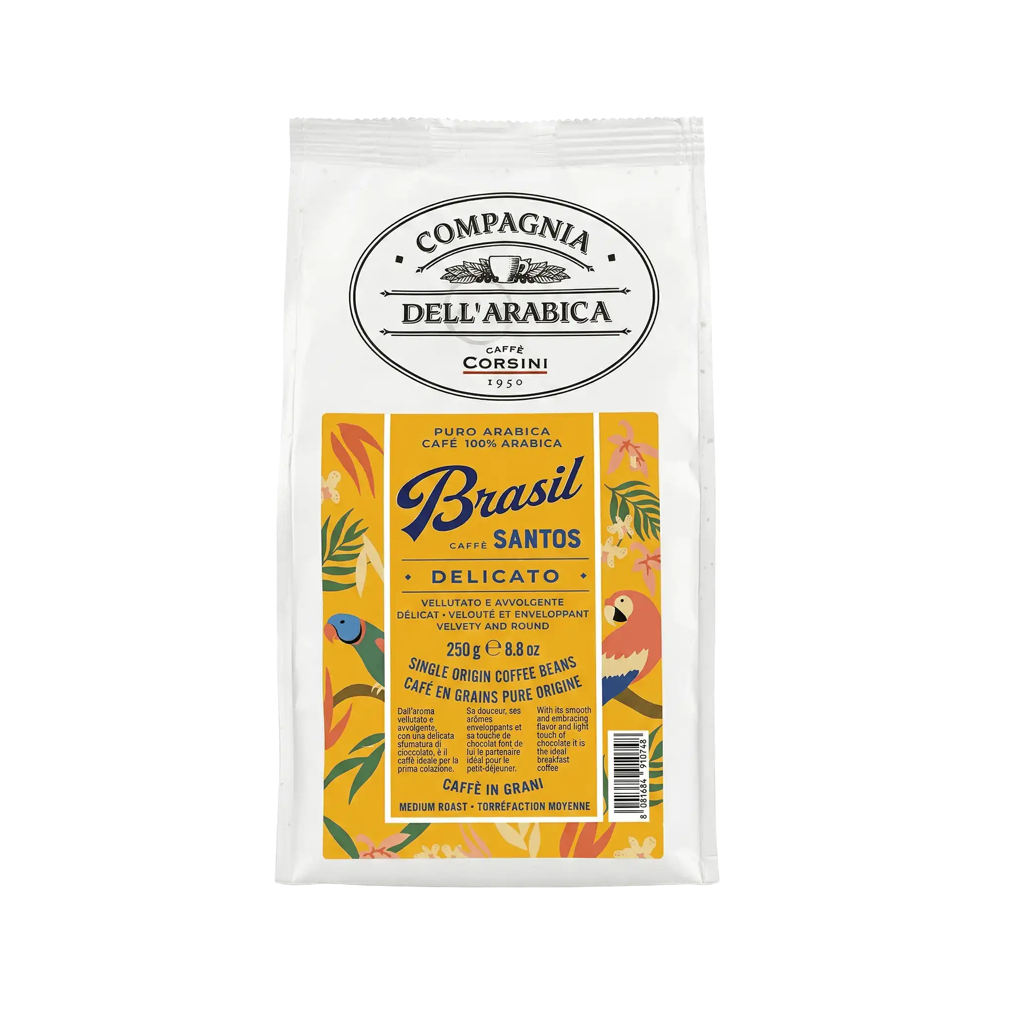 Café en grains Corsini Compagnia dell'Arabica Brasil Santos 250g — pure origine Brésil, torréfaction moyenne toscane