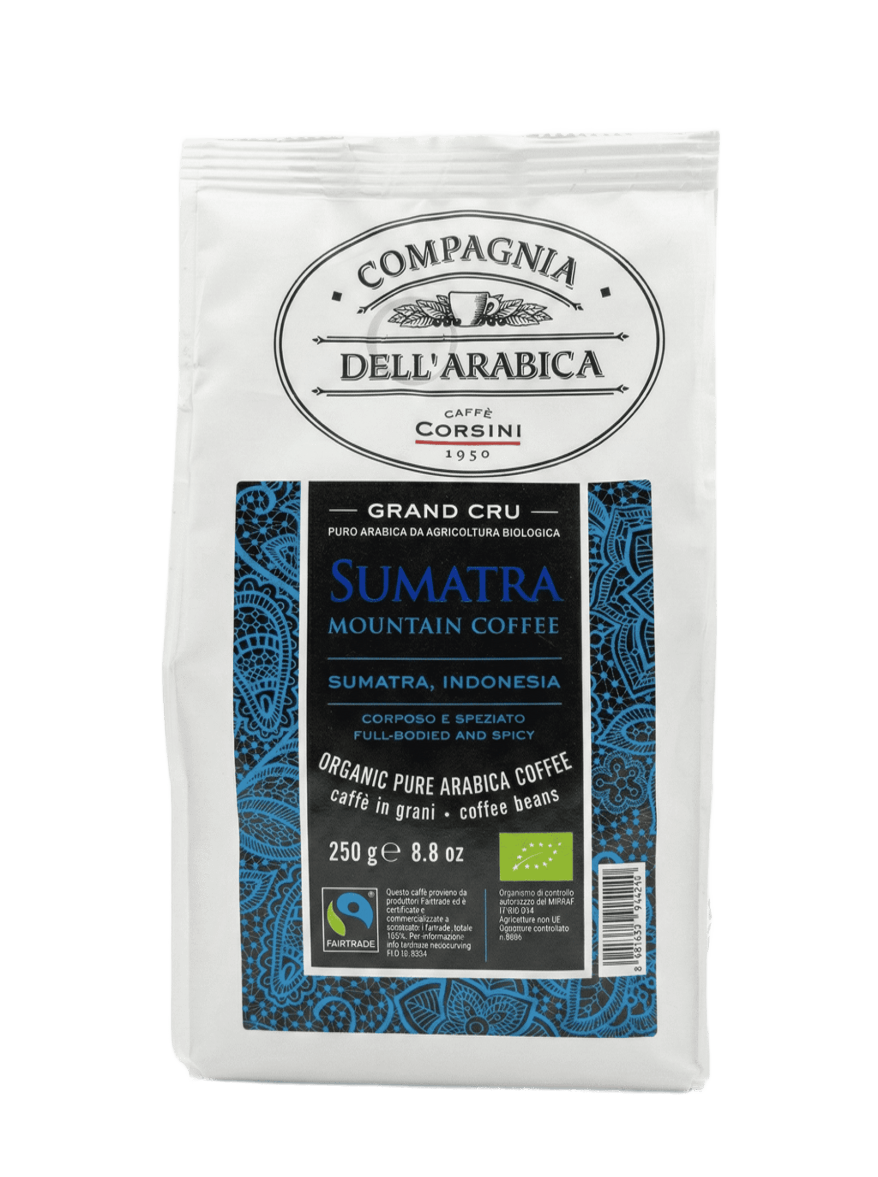 Café en grains bio Caffè Corsini Grand Cru Sumatra Fairtrade 250g - 100% Arabica - torréfaction toscane