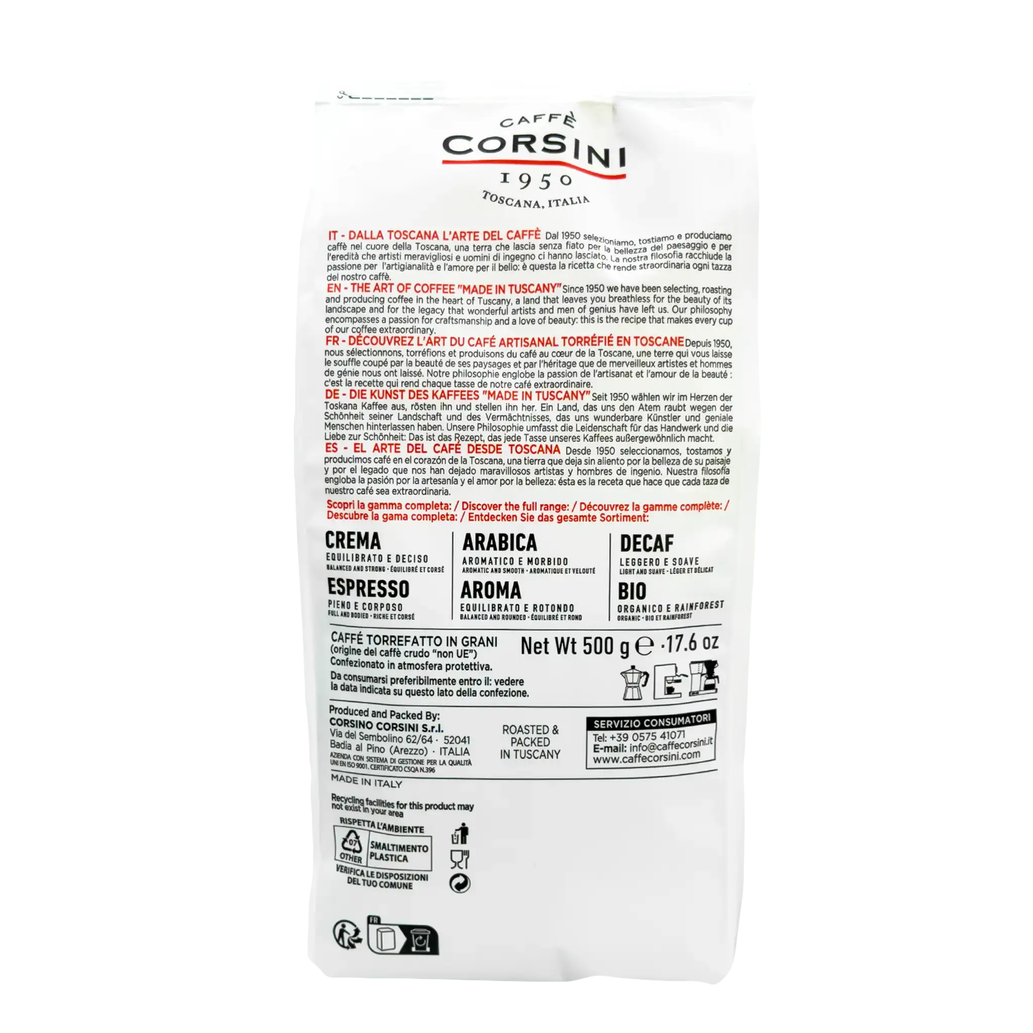 Café en grains Corsini Bio Rainforest Alliance 500g — biologique — torréfié en Italie