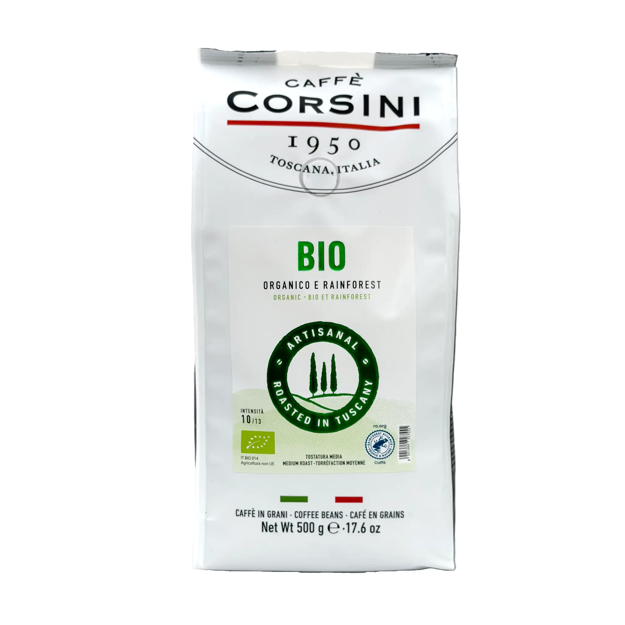 Café en grains Corsini Bio Rainforest Alliance 500g — biologique — torréfié en Italie