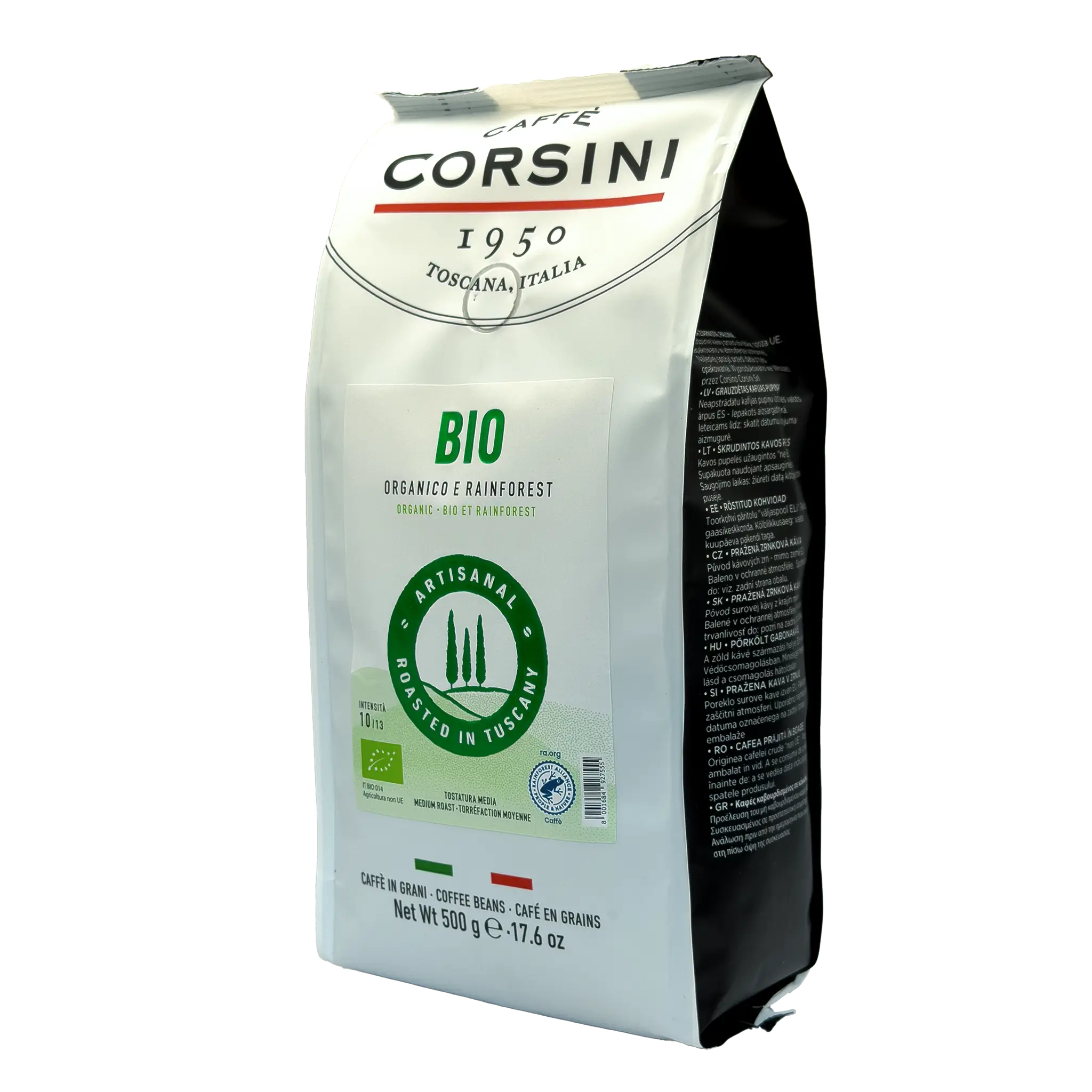 Café en grains Corsini Bio Rainforest Alliance 500g — biologique — torréfié en Italie